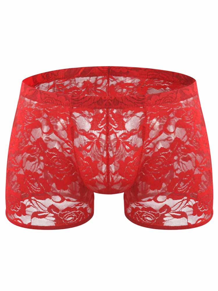 Men's Low Waist Rose Lace See-Through Trunks