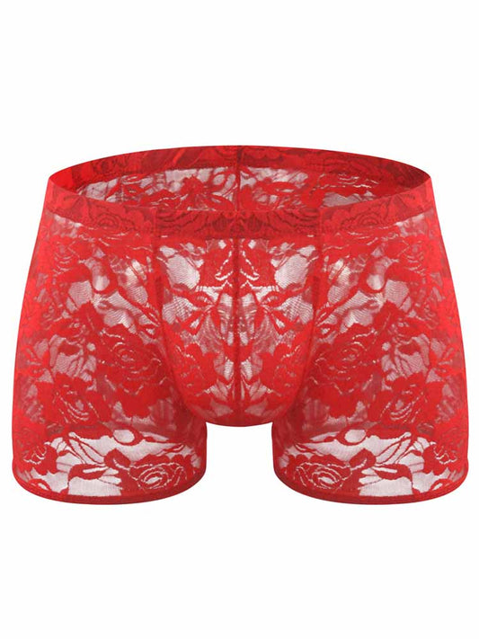 Men's Low Waist Rose Lace See-Through Trunks