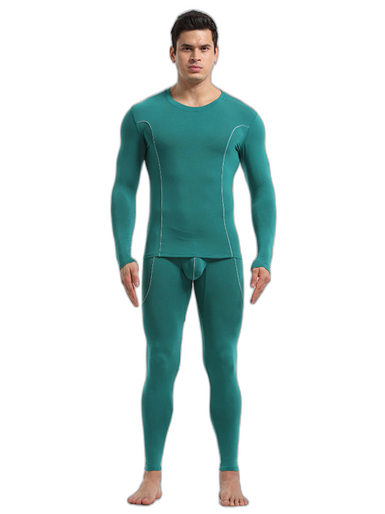 Men's Round Neck Solid Color Bamboo Fiber Thermal Underwear Set