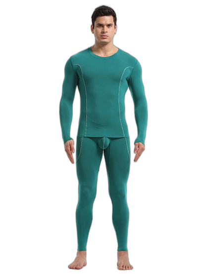 Men's Round Neck Solid Color Bamboo Fiber Thermal Underwear Set
