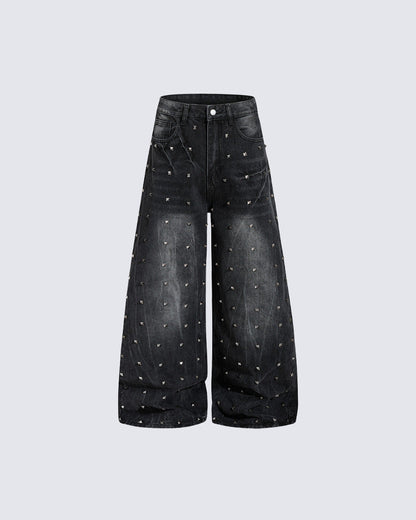 Punk Wide-Leg Denim Pants With Studs