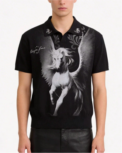 American Street Style Retro Pegasus Print Polo Collar Top