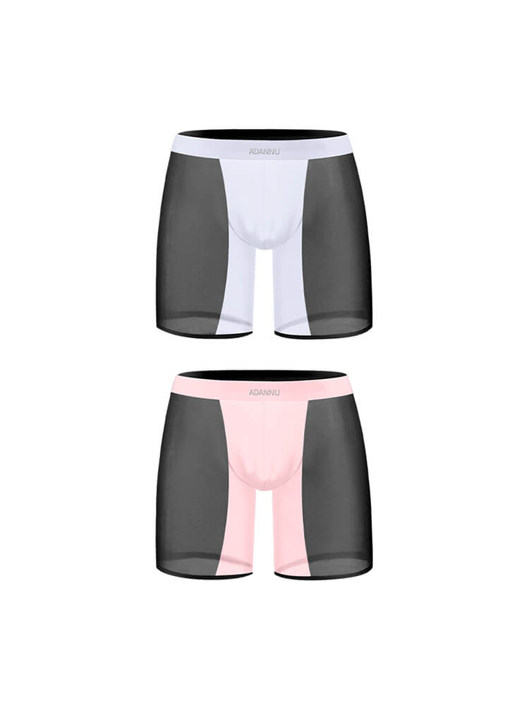 Men's Sexy Color-Blocked See-Through Nylon Boxer Briefs