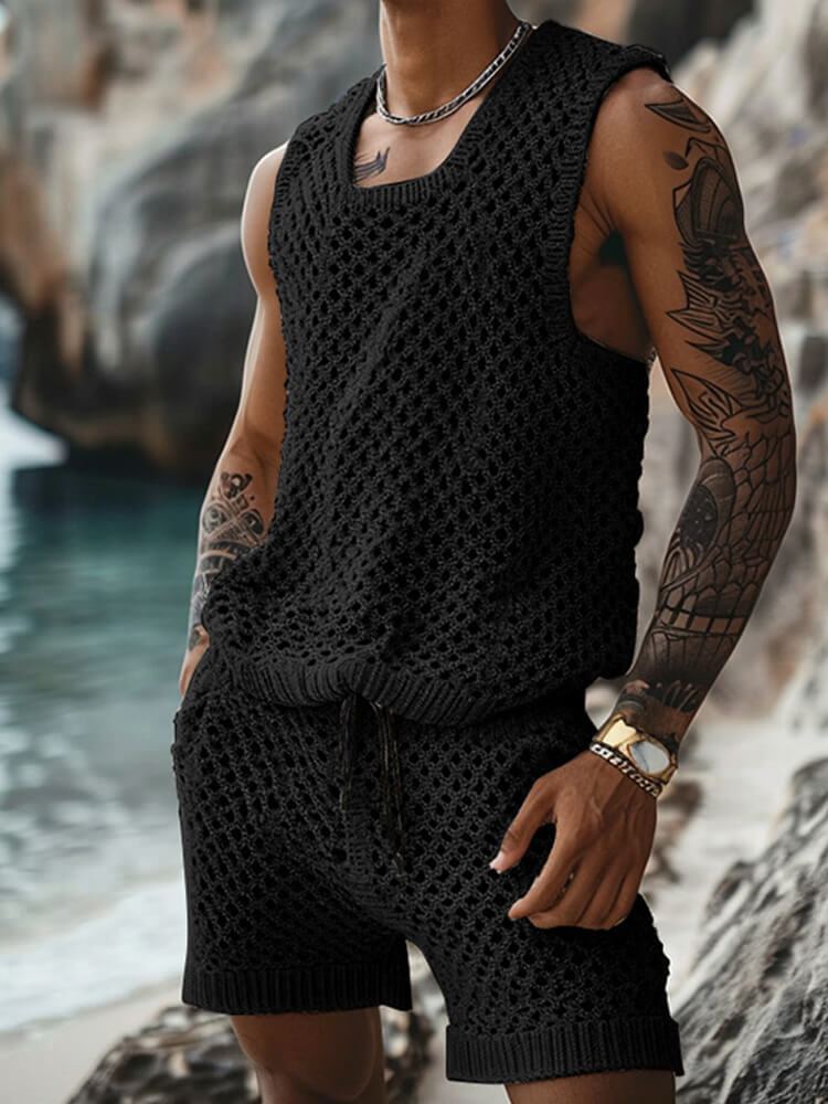 Men's Casual Loose-Fit Hollow Knit Set