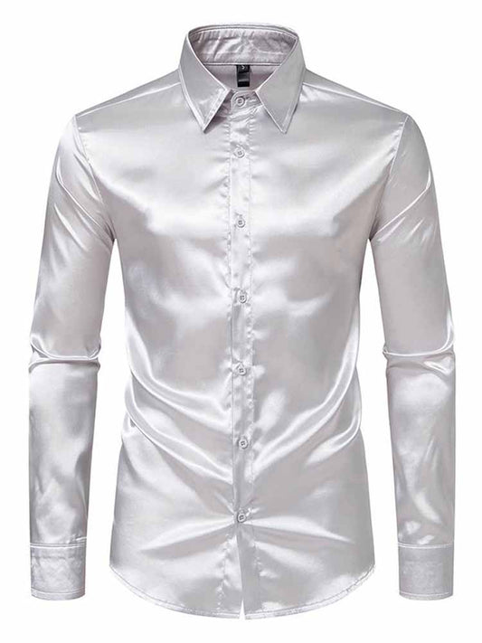 Men's Lapel Satin Long Sleeve Shirt