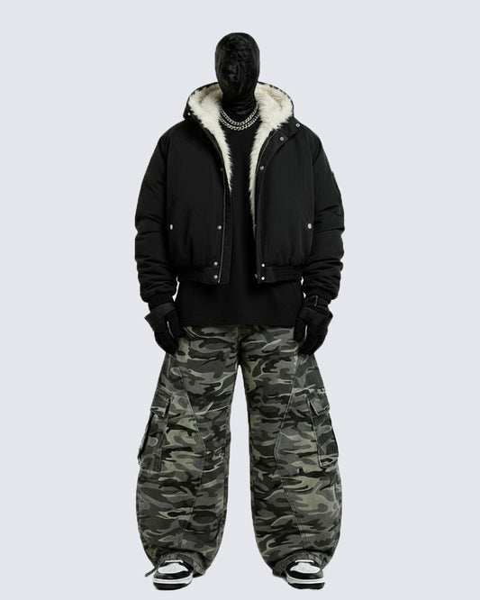 Camouflage Cargo Pants with Fur-Collar Jacket