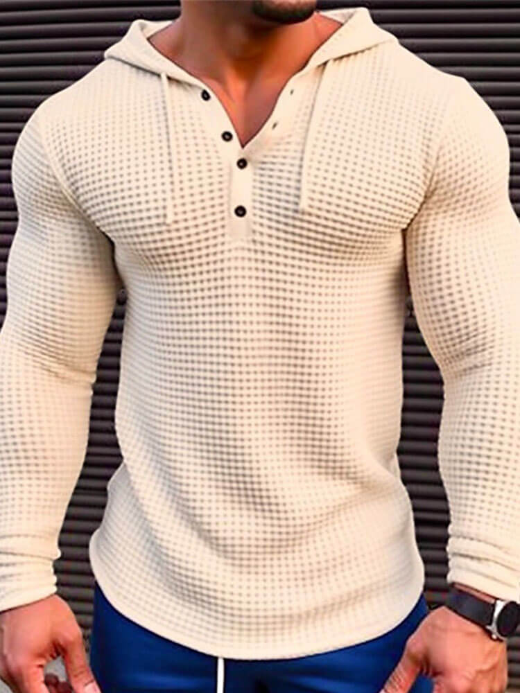 Men's Solid Color Waffle Button-Down Hooded Top