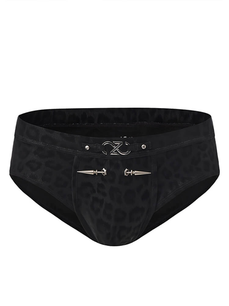 Men's Leopard Print Leather Metal Accessory Briefs