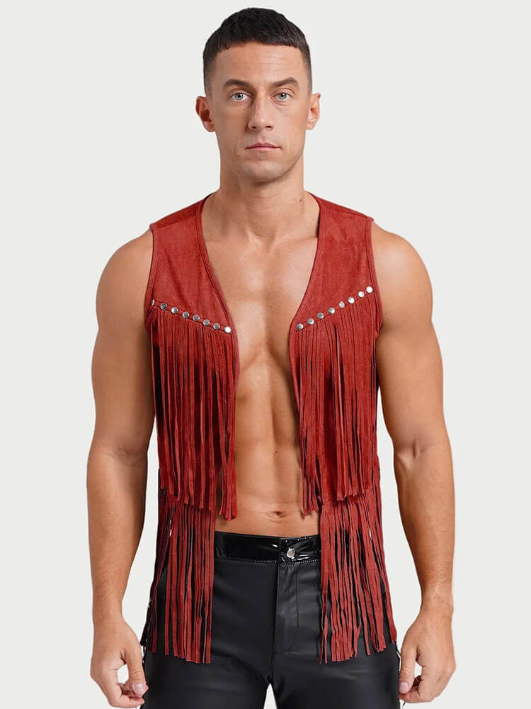 Men's V-Neck Studded Fringe Vest Jacket