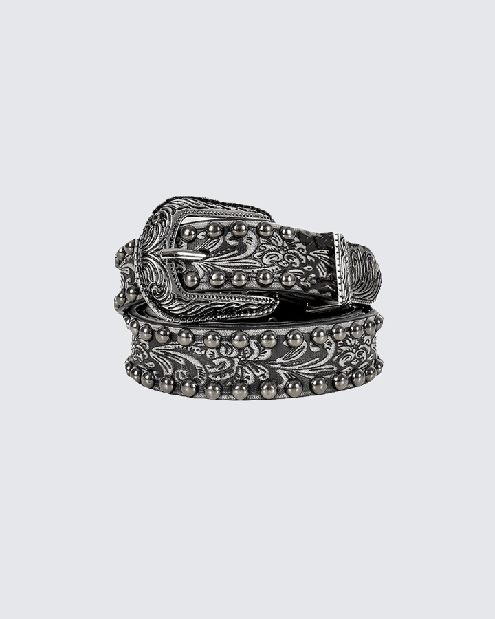 Baroque Engraved Studded Leather Belt