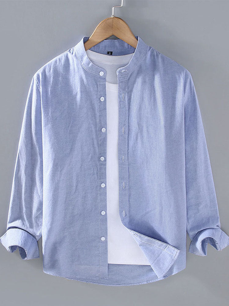 Men's Solid Long Sleeve Henley Collar Linen Shirt