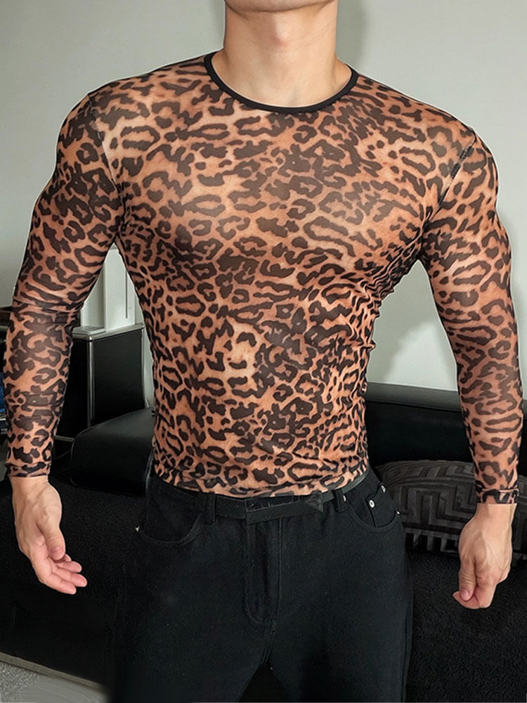 Sexy Leopard-Print Sheer Mesh Long-Sleeve Top