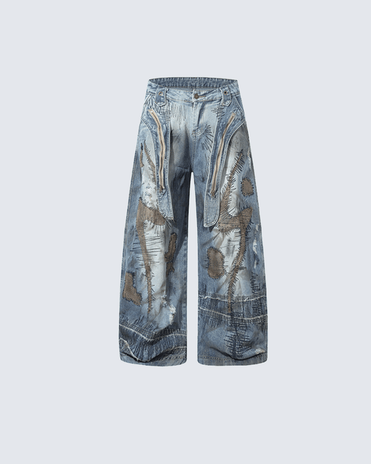 Heavy Stitch Patchwork Wide-Leg Jeans
