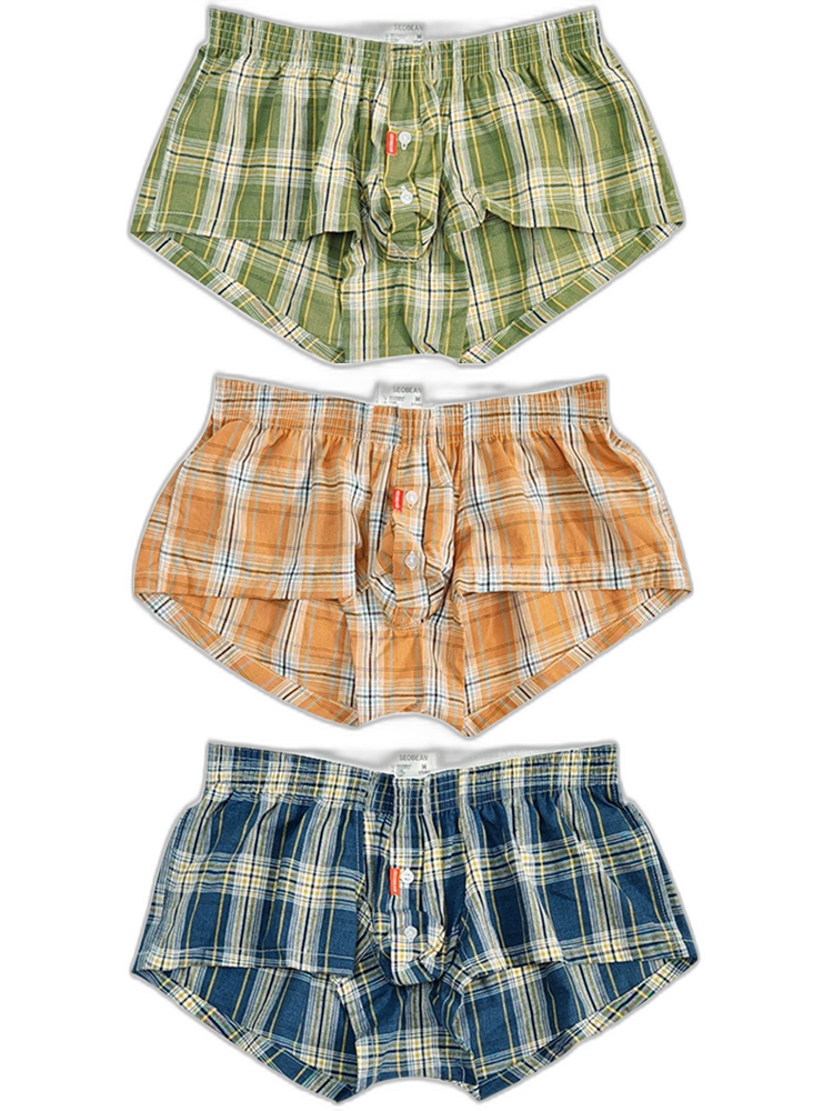 3 Pack Men’s Plaid Cotton Trunks with Button Fly