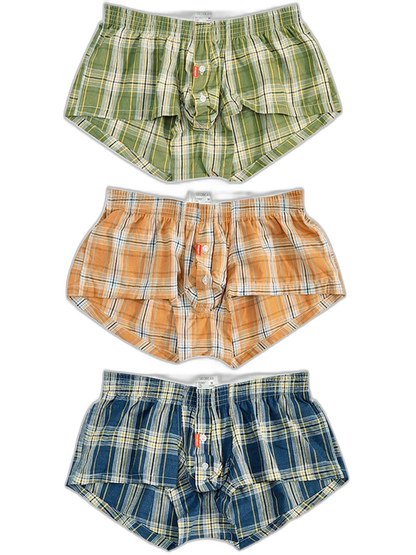 3 Pack Men’s Plaid Cotton Trunks with Button Fly