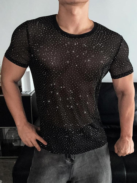 Elastic See-Through Diamond Mesh Fitness T-Shirt