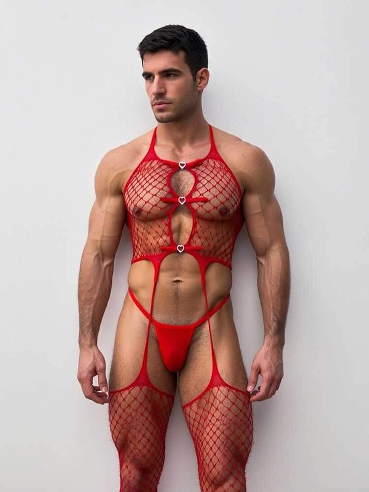 Men's Sexy Bow See-Through Stockings Bodysuit