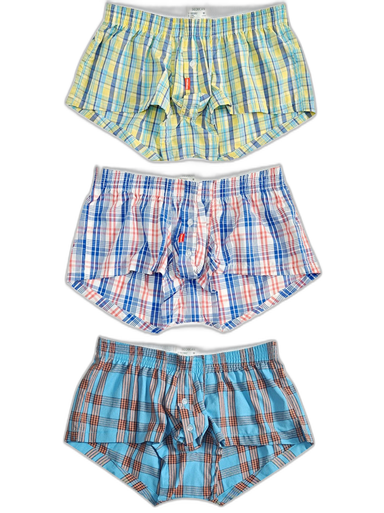 3 Pack Men’s Plaid Cotton Trunks with Button Fly