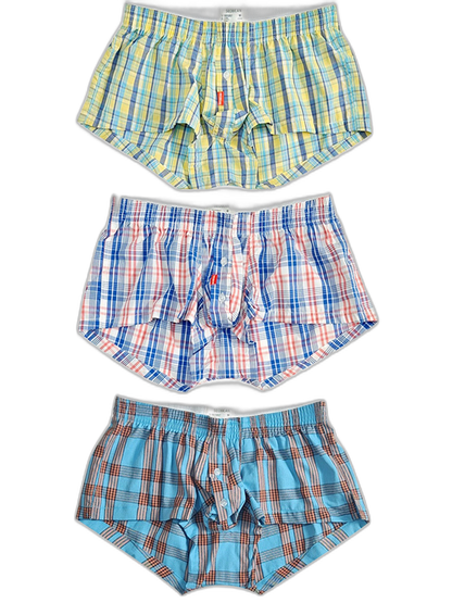 3 Pack Men’s Plaid Cotton Trunks with Button Fly
