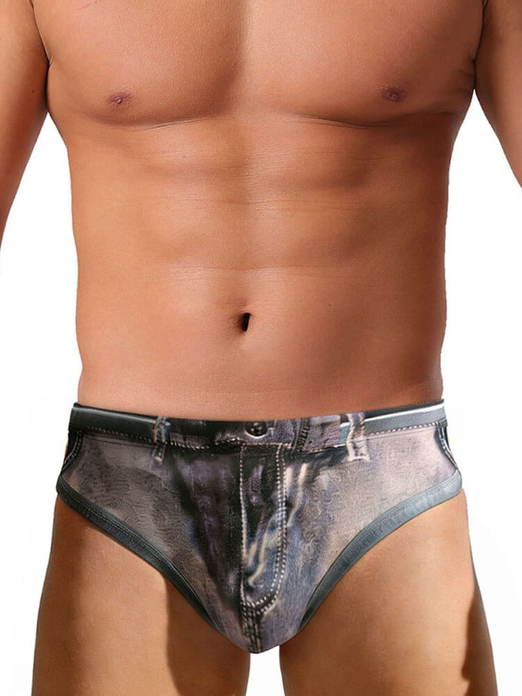 Men's Sexy Faux-Denim Print Quick-Dry Swim Briefs