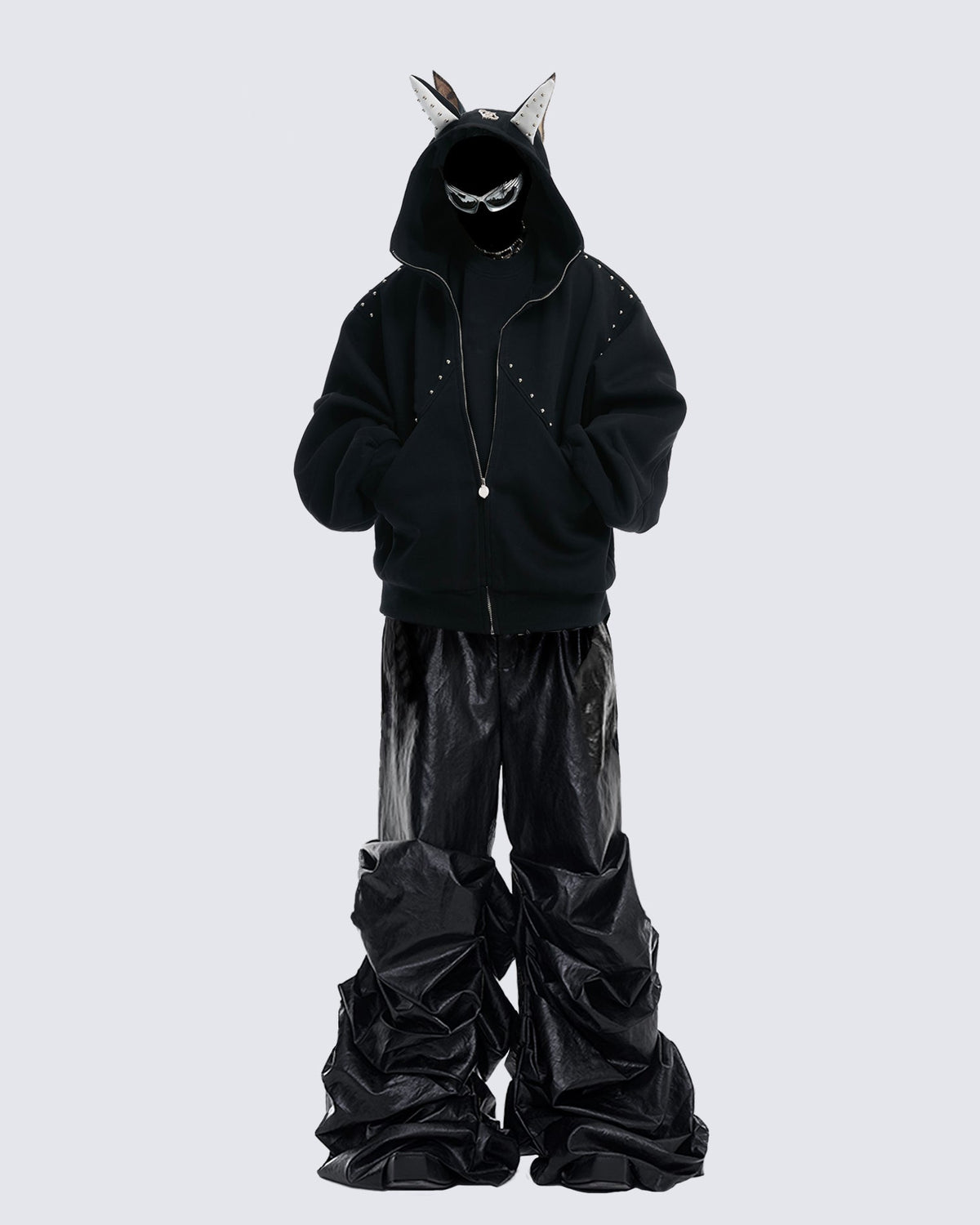 Horned Studded Zip-Up Hoodie with Ear Detail