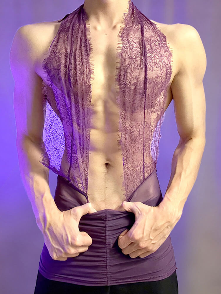 Men's Sexy Purple See-Through Halter Bodycon Skirt