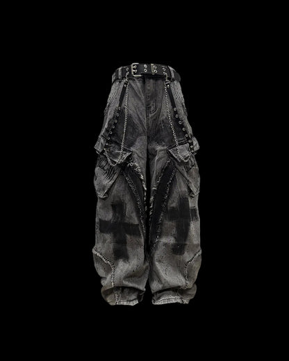 （Clearance）Paint-Splattered Distressed Wide-Leg Jeans