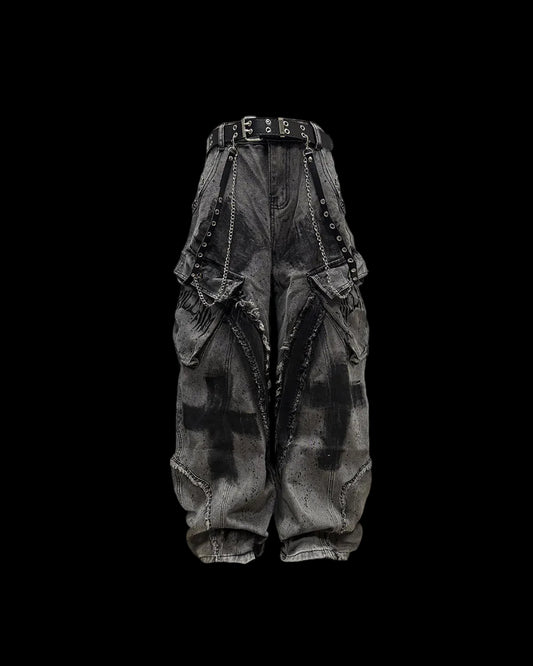 （Clearance）Paint-Splattered Distressed Wide-Leg Jeans