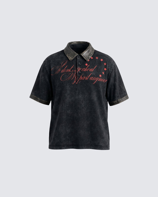 KIIKIO -New Vintage Washed Letter Print Polo Shirt