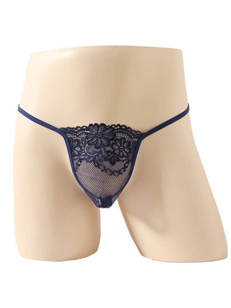 Men's Sexy Floral Embroidered Low-Rise Lace Thong