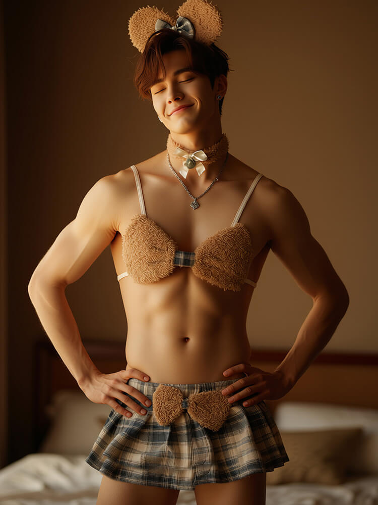 Men's Sexy Little Bear Bra Uniform Skirt Set
