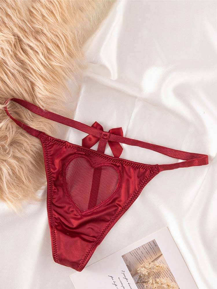 Sexy Mesh Heart-Shaped Satin Bow String Thong