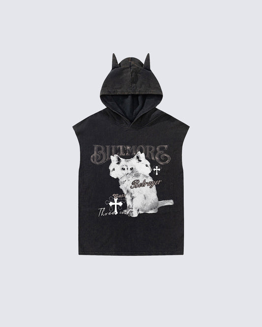 Vintage Cat Graphic Bat Sleeve Vest Hoodie