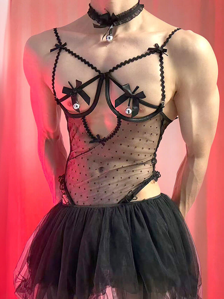 Men's Sexy Sheer Polka-Dot Bells Bodysuit Set
