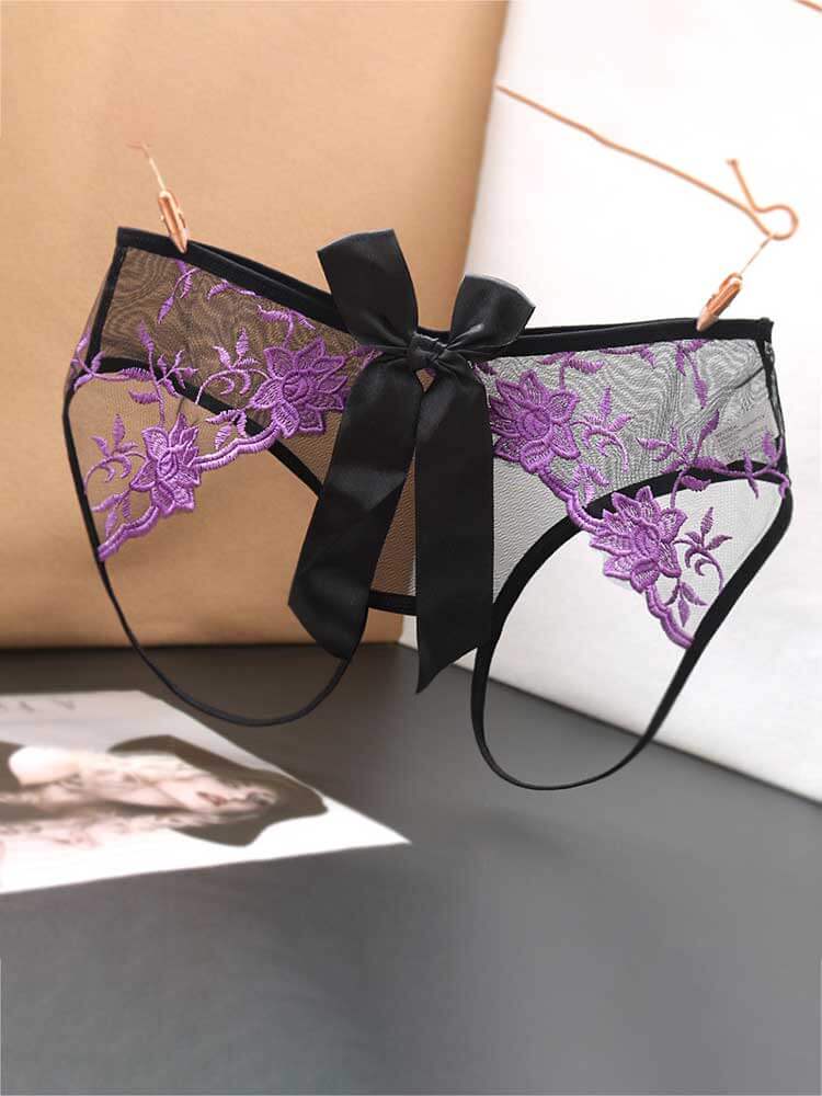 Men's Open Crotch Embroidered Bow Lace Briefs