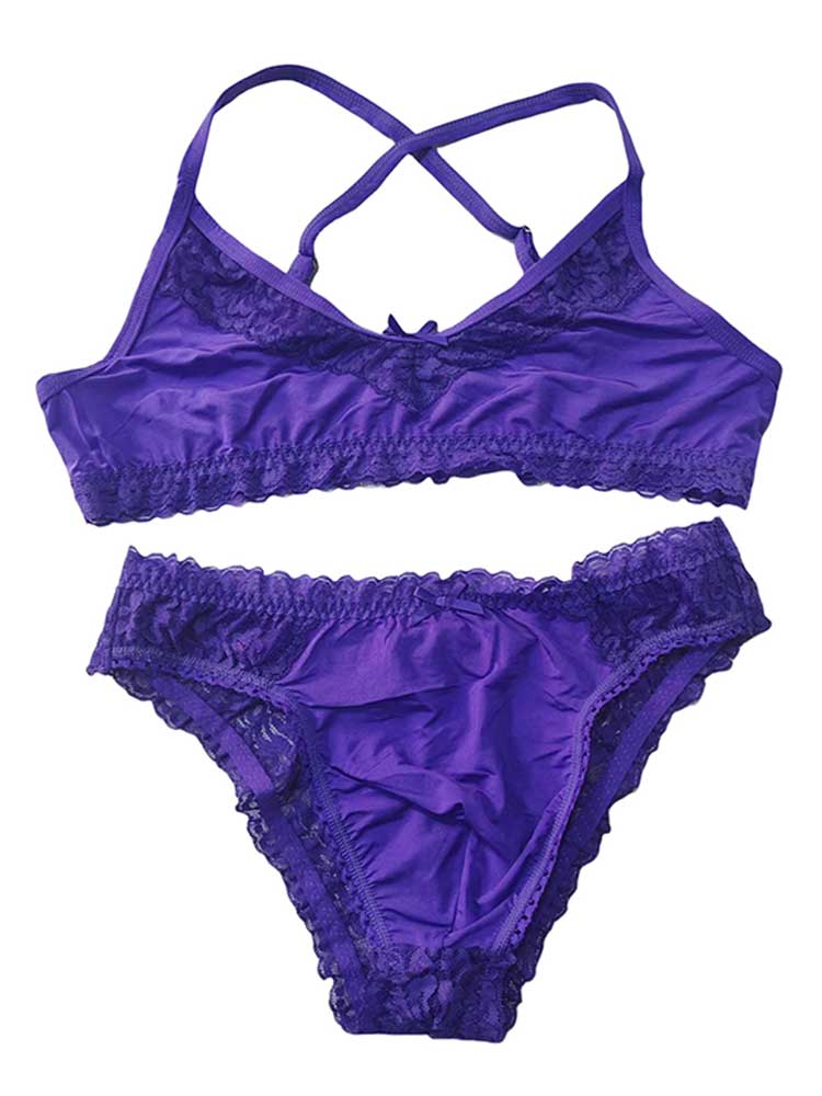 Men's Sexy Solid-Color Lace Trim Bra Briefs Set
