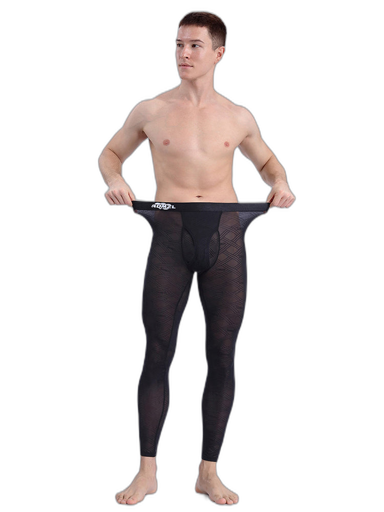 Men's Sexy Transparent Ice Silk Jacquard Seamless Tights Warm Pants