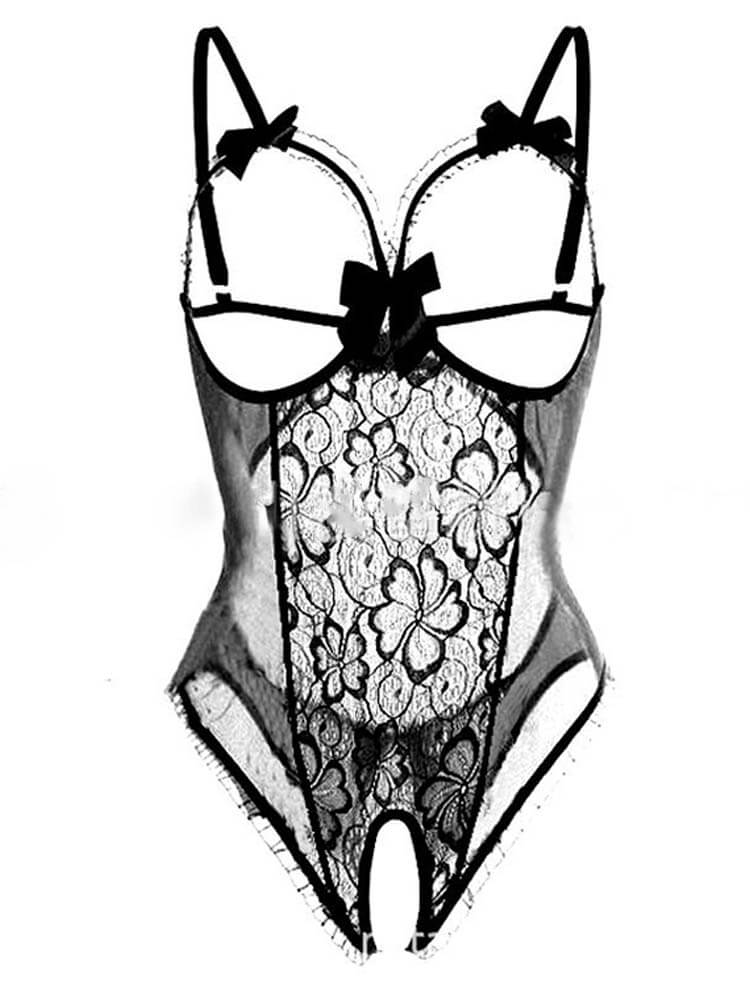 Sexy Lace Bow-Embroidered Open-Crotch Bodysuit