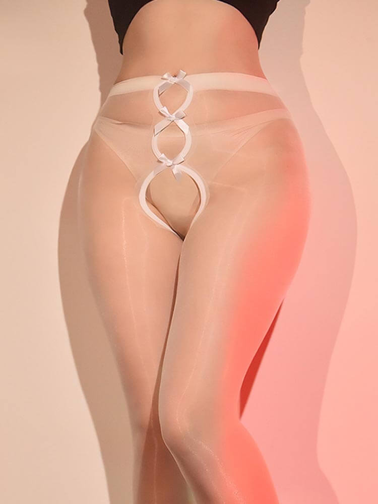 Sexy Glossy No-Remove Bow-Tie Open-Crotch Stockings