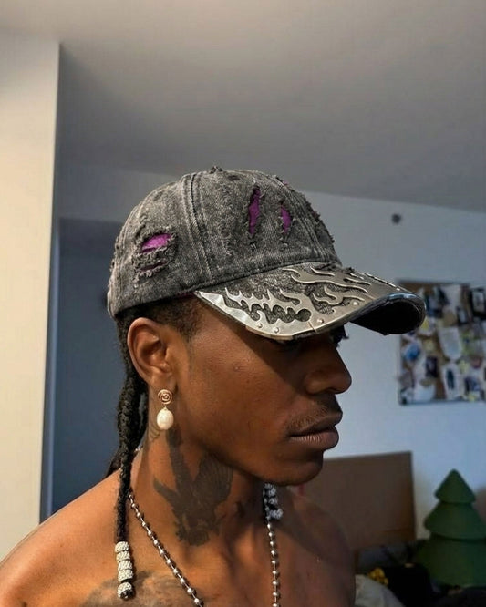 KIIKIO-Wasteland Flame-Metal Distressed Denim Cap