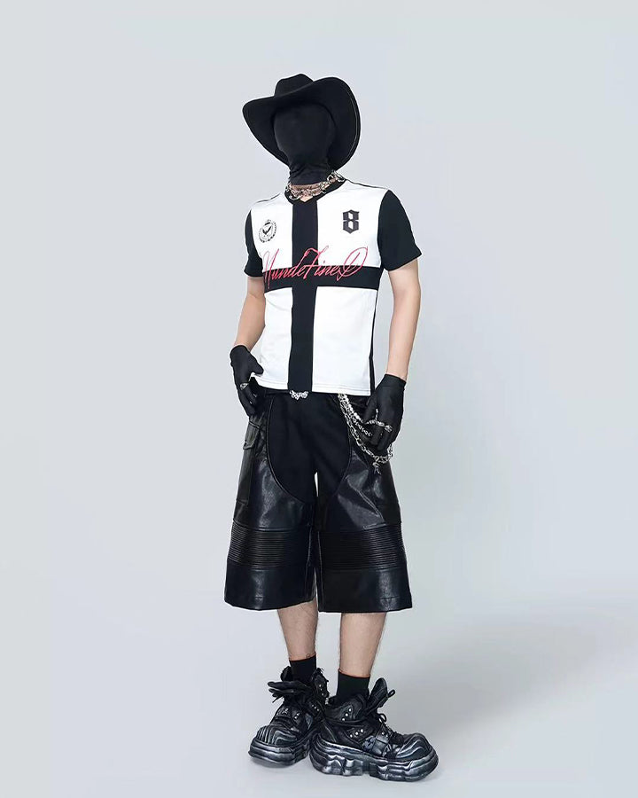 Gothic Deconstructed Patchwork Heavy PU Cargo Shorts