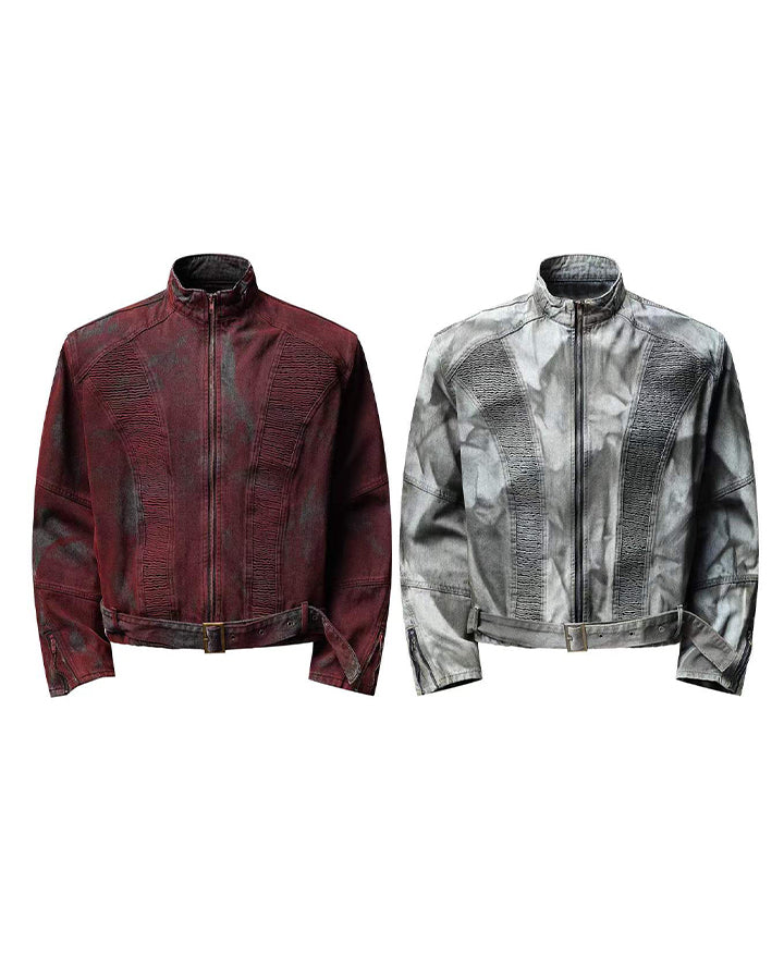 New Red Gothic Washed Belted Cropped Biker Jacket