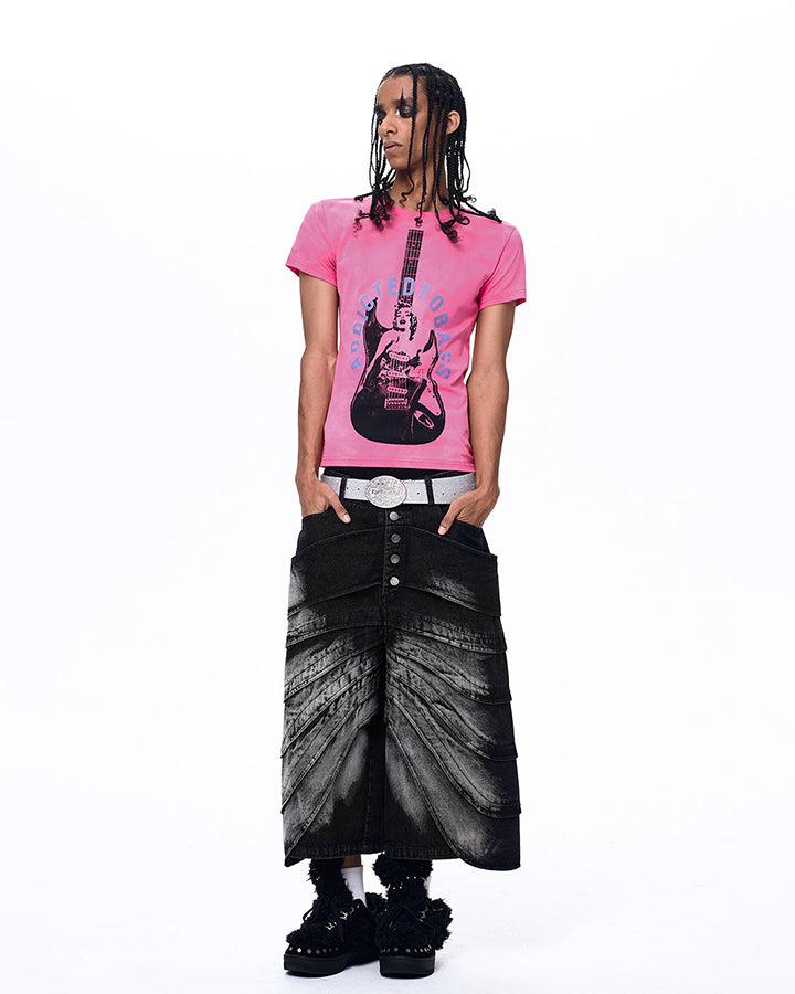 New Deconstructed Washed Layered Wave Denim Shorts