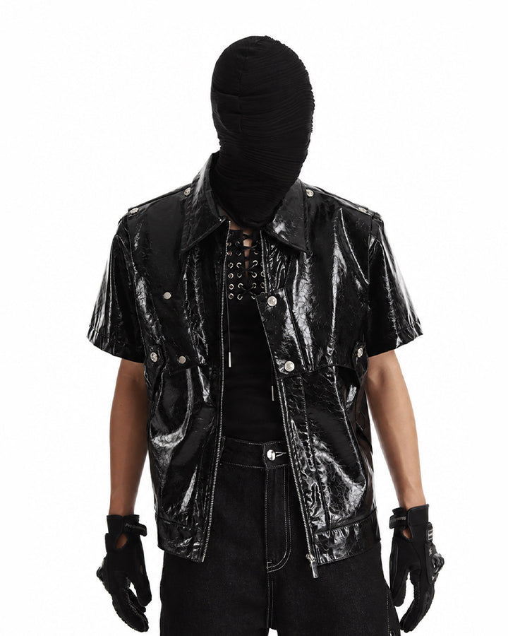 KIIKIO Gothic Glossy PU Cropped Zipper Shirt