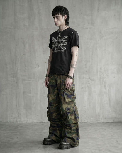 KIIKIO-New Y2K Distressed Union Graphic Washed Black T-Shirt