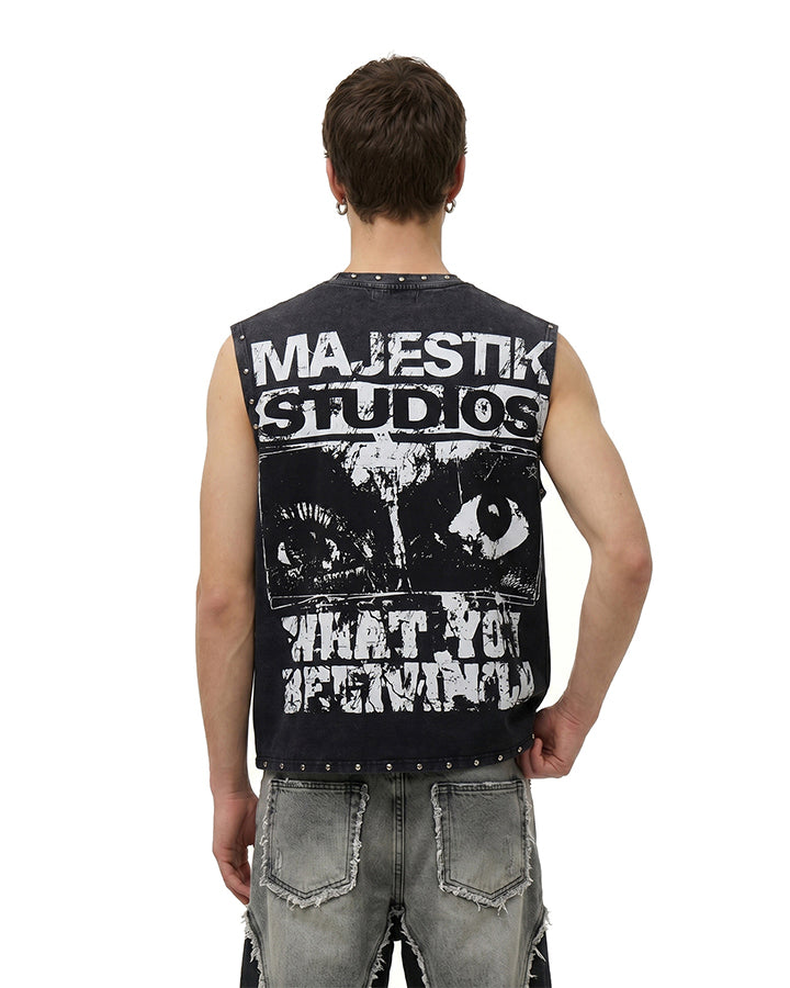 Grunge Studded Washed New Graphic Sleeveless Tank Top