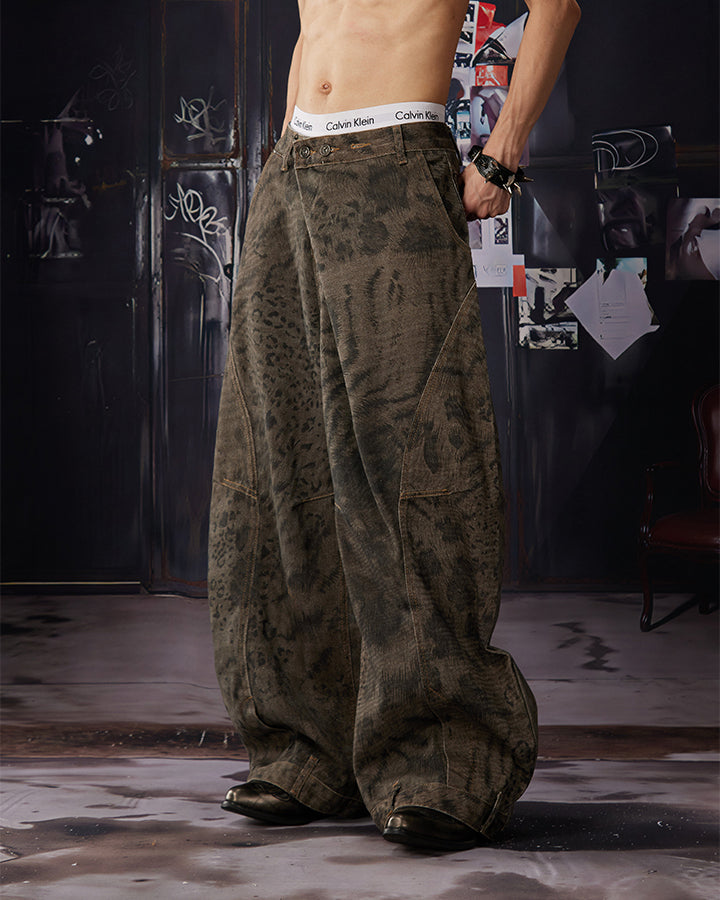 Leopard Double Animal-Texture Washed Wide-Leg Jeans