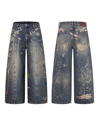 Vintage Graffiti Print Wide Leg Denim Pants New