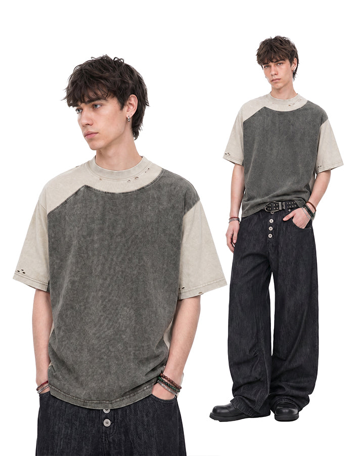 Grunge Vintage Colorblock Washed Short Sleeve Tee