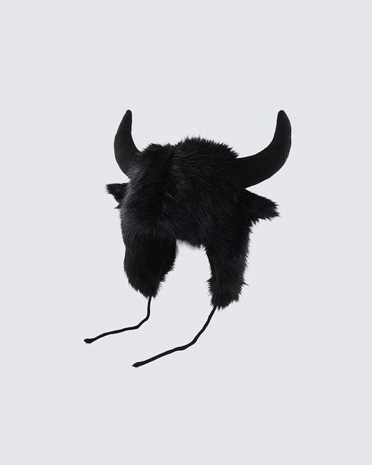 Black Horn Faux Fur Trapper Hat